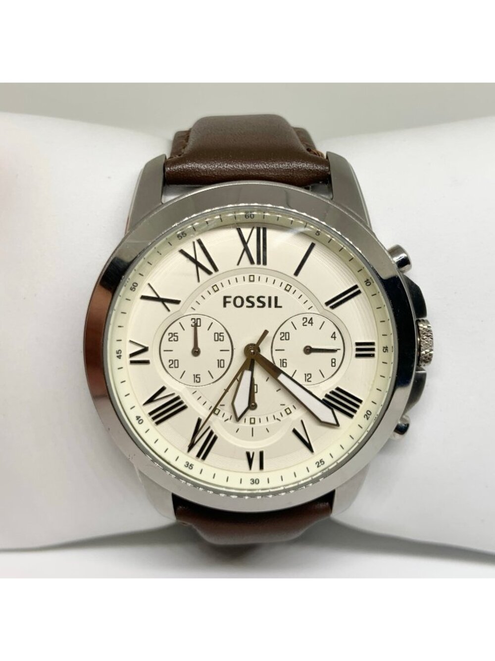 Fossil Grant Chronograph Cream Dial Quartz Watch FS4735 44mm brown leather runs